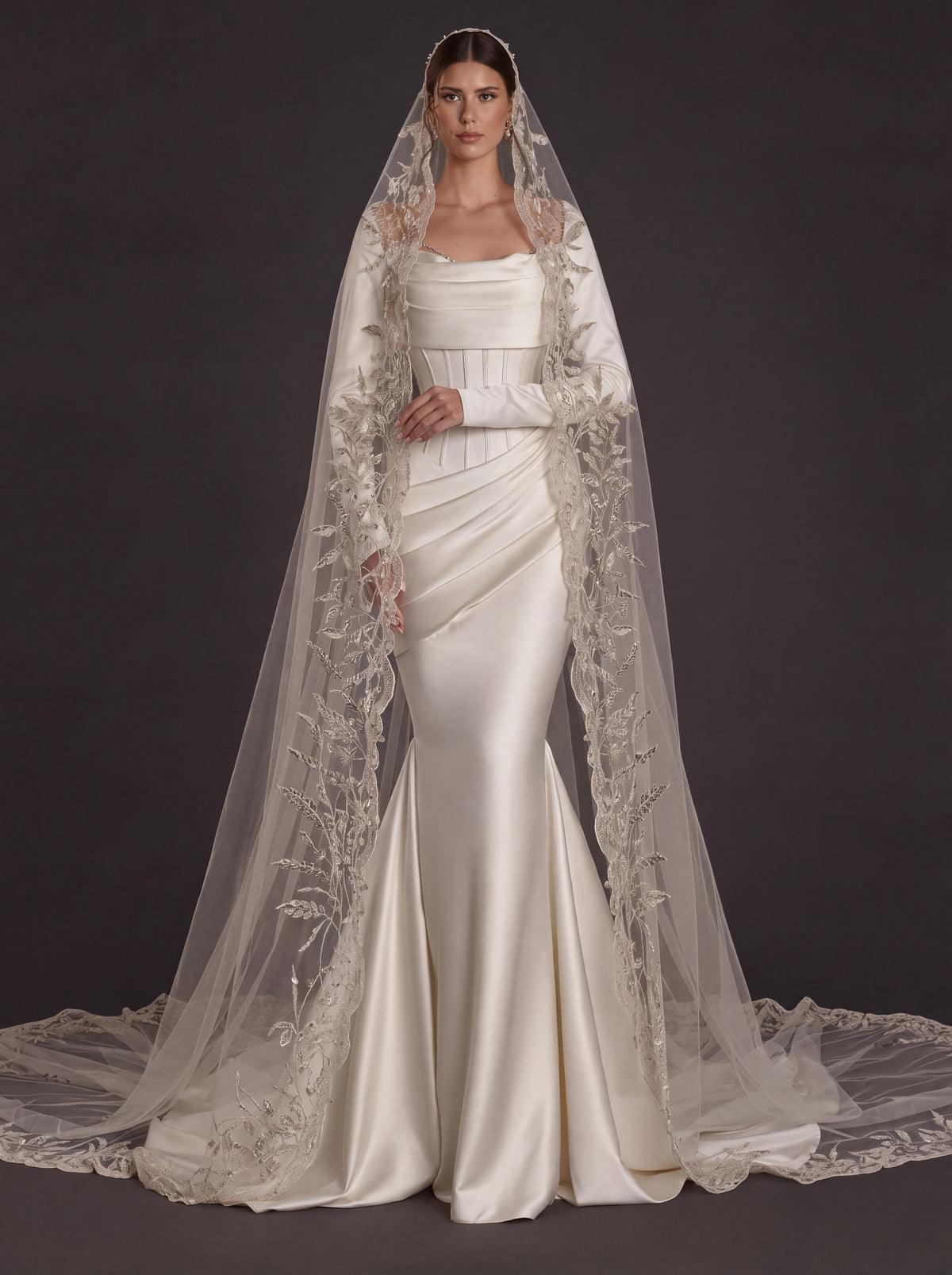 Pearl White Satin Corset Mermaid Wedding Gown – Draped Cowl Neckline, Long Sleeves & Embroidered Cathedral Veil