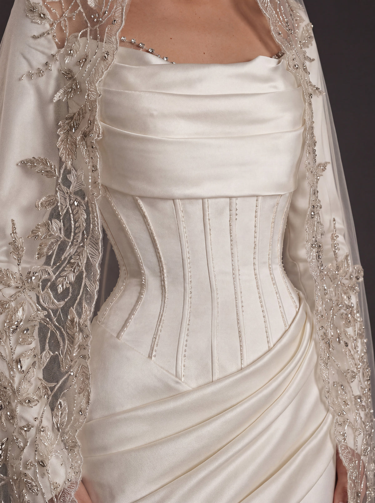 Pearl White Satin Corset Mermaid Wedding Gown – Draped Cowl Neckline, Long Sleeves & Embroidered Cathedral Veil