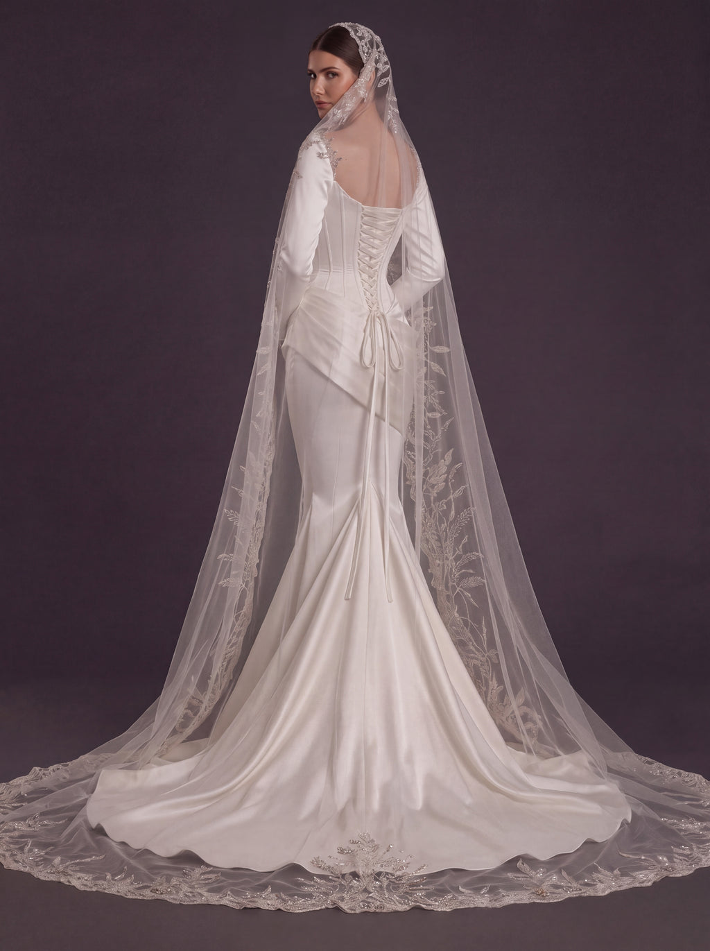 Pearl White Satin Corset Mermaid Wedding Gown – Draped Cowl Neckline, Long Sleeves & Embroidered Cathedral Veil