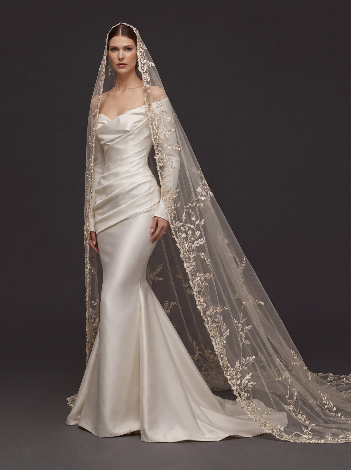 Champagne White Satin Off-Shoulder Mermaid Wedding Dress – Asymmetric Draped Bodice, Long Sleeves & Floral Embroidered Cathedral Veil