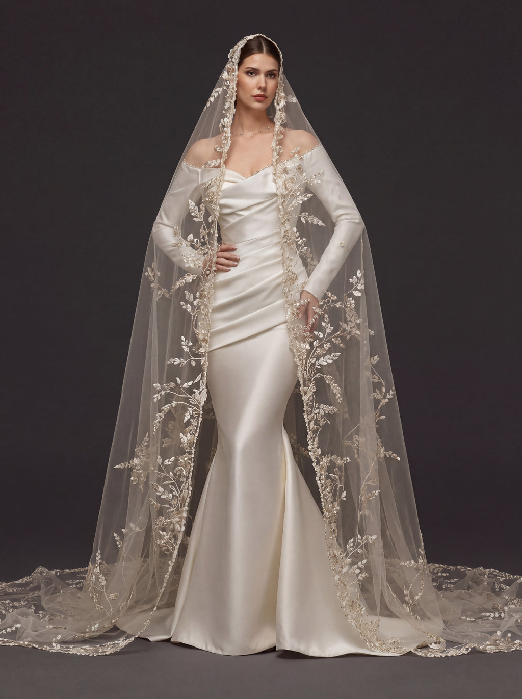 Champagne White Satin Off-Shoulder Mermaid Wedding Dress – Asymmetric Draped Bodice, Long Sleeves & Floral Embroidered Cathedral Veil