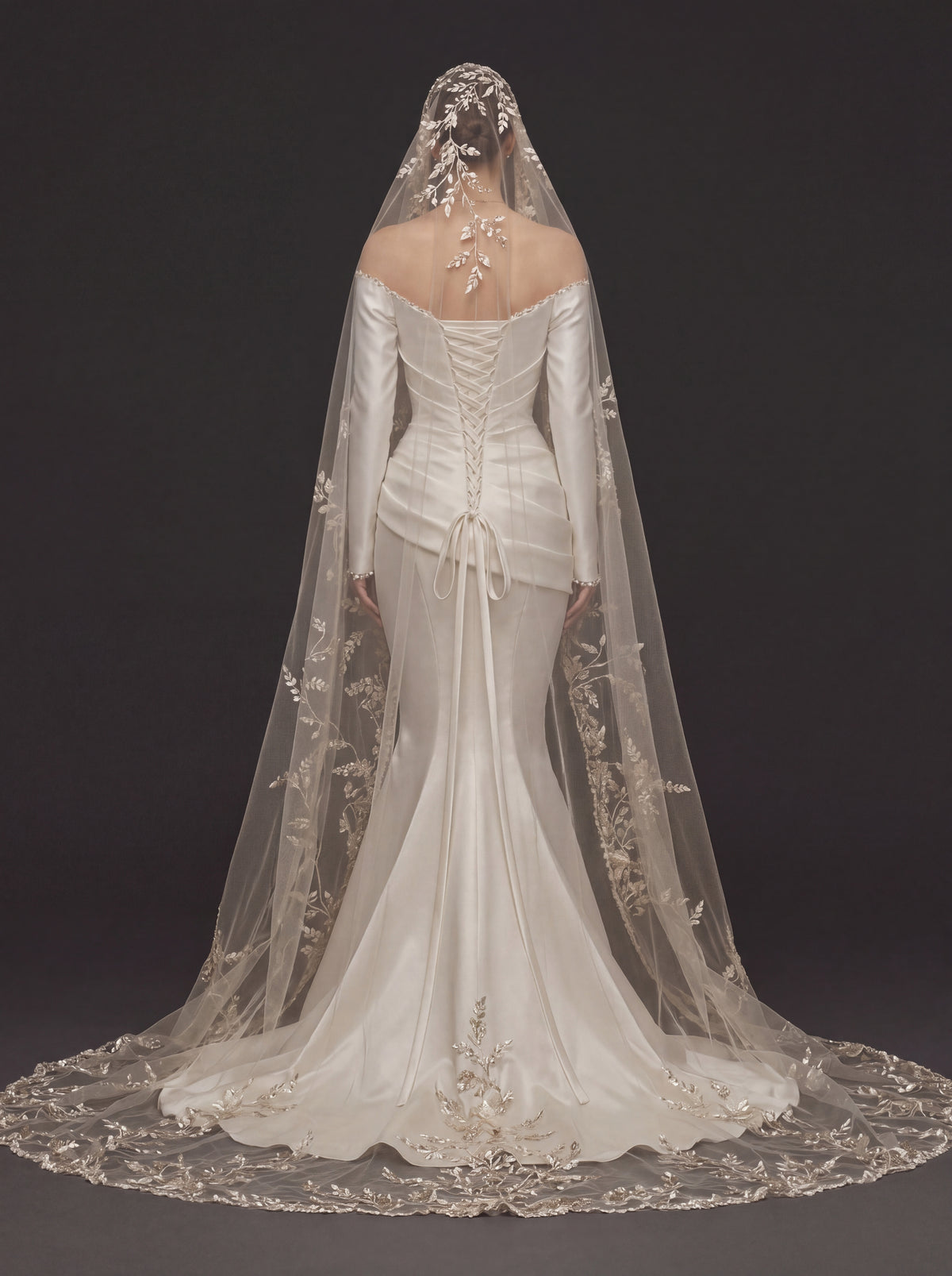 Champagne White Satin Off-Shoulder Mermaid Wedding Dress – Asymmetric Draped Bodice, Long Sleeves & Floral Embroidered Cathedral Veil
