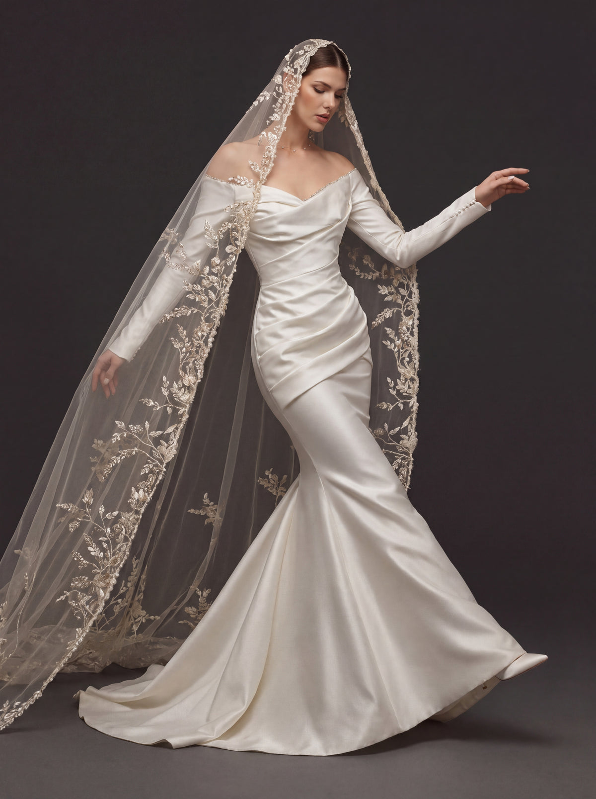 Champagne White Satin Off-Shoulder Mermaid Wedding Dress – Asymmetric Draped Bodice, Long Sleeves & Floral Embroidered Cathedral Veil