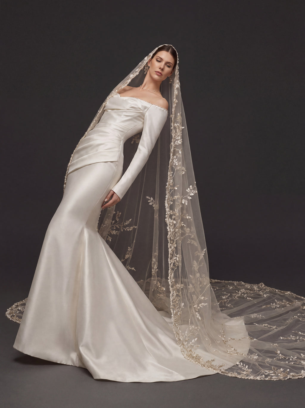 Champagne White Satin Off-Shoulder Mermaid Wedding Dress – Asymmetric Draped Bodice, Long Sleeves & Floral Embroidered Cathedral Veil