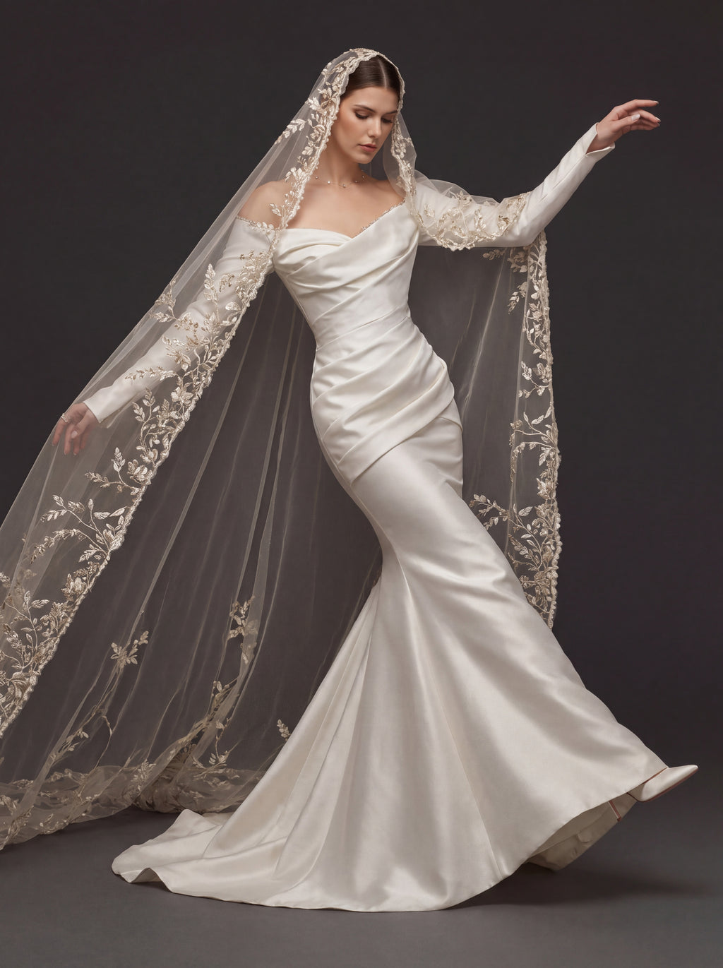 Champagne White Satin Off-Shoulder Mermaid Wedding Dress – Asymmetric Draped Bodice, Long Sleeves & Floral Embroidered Cathedral Veil
