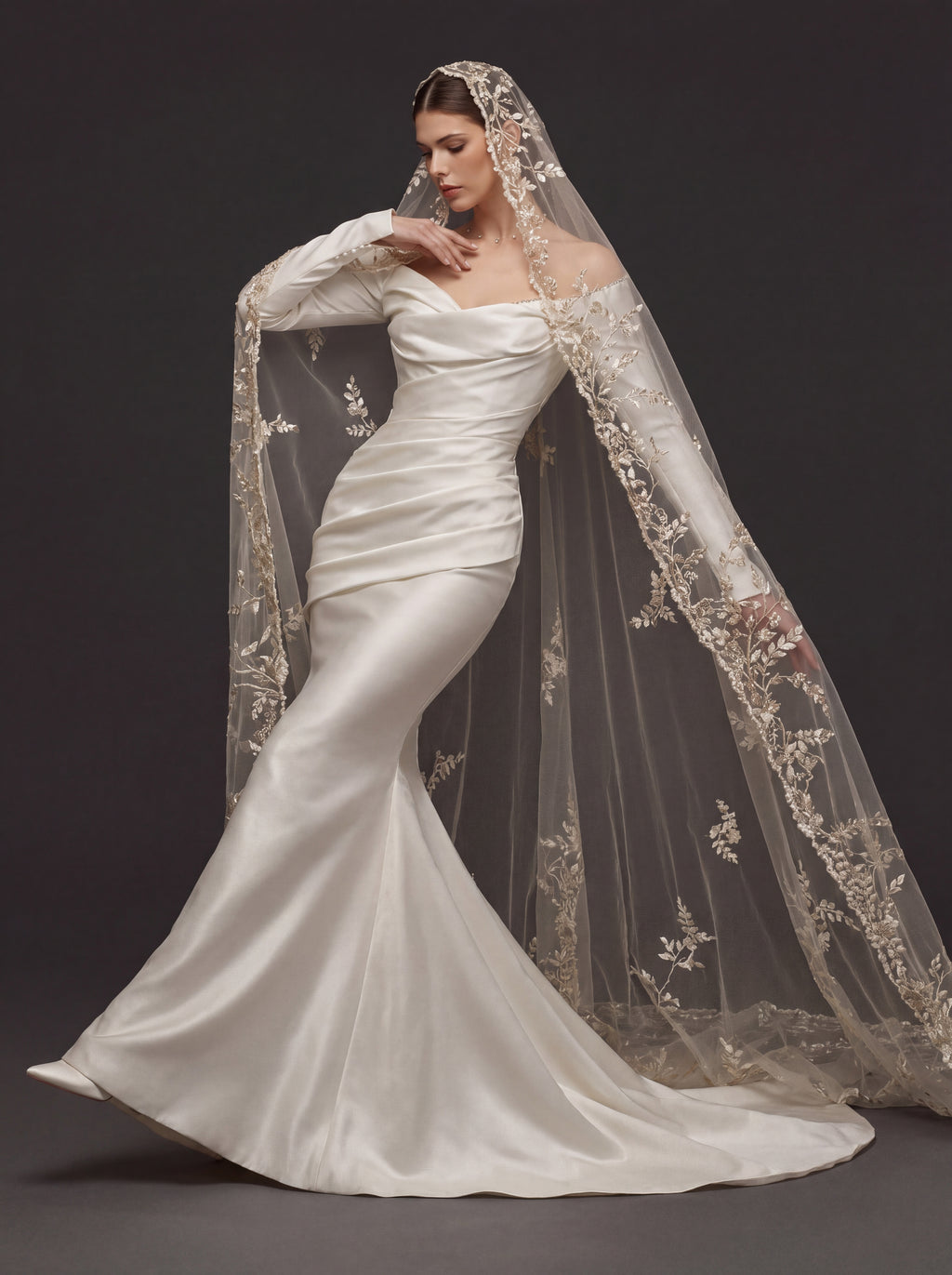 Champagne White Satin Off-Shoulder Mermaid Wedding Dress – Asymmetric Draped Bodice, Long Sleeves & Floral Embroidered Cathedral Veil