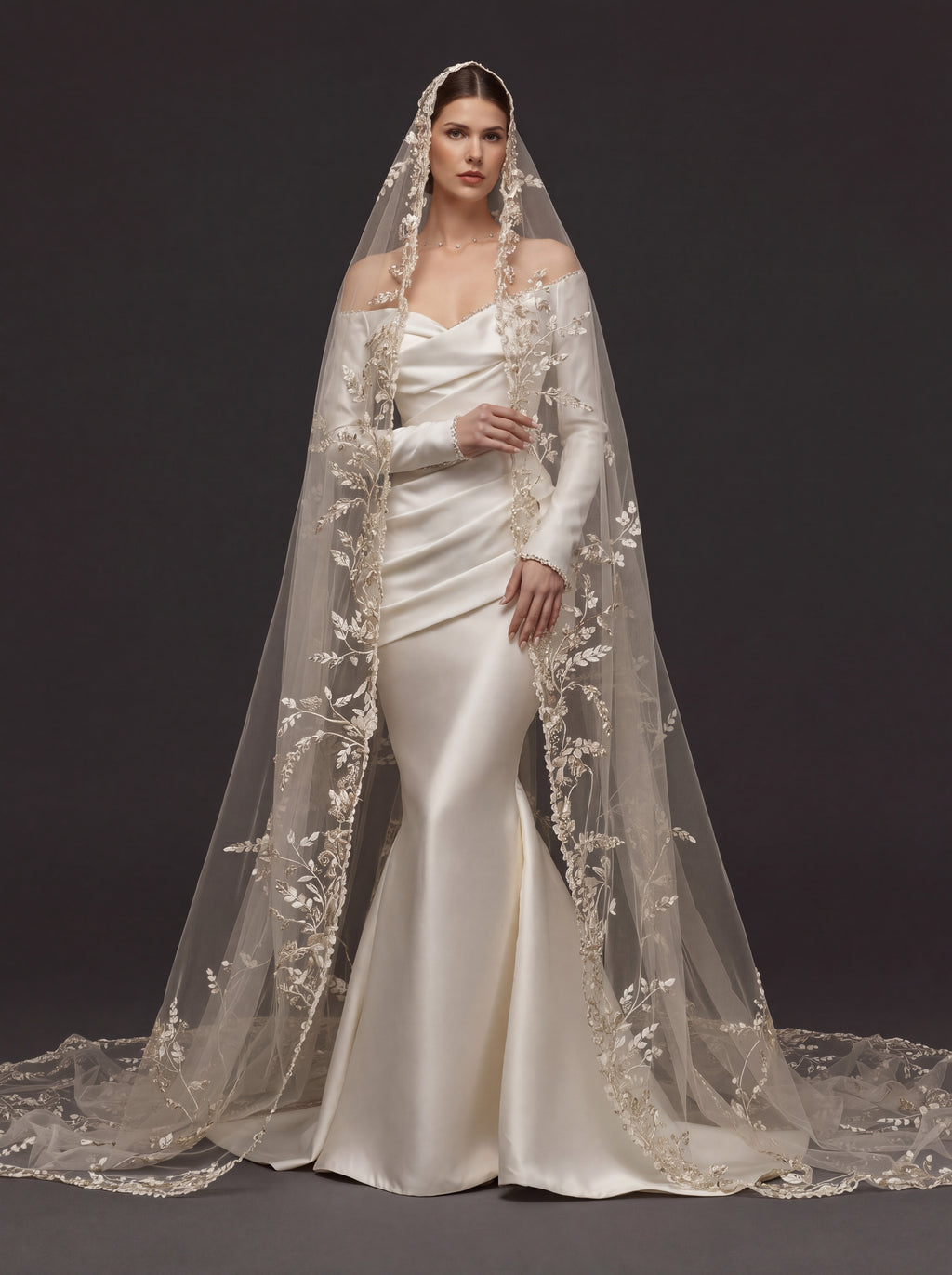 Champagne White Satin Off-Shoulder Mermaid Wedding Dress – Asymmetric Draped Bodice, Long Sleeves & Floral Embroidered Cathedral Veil