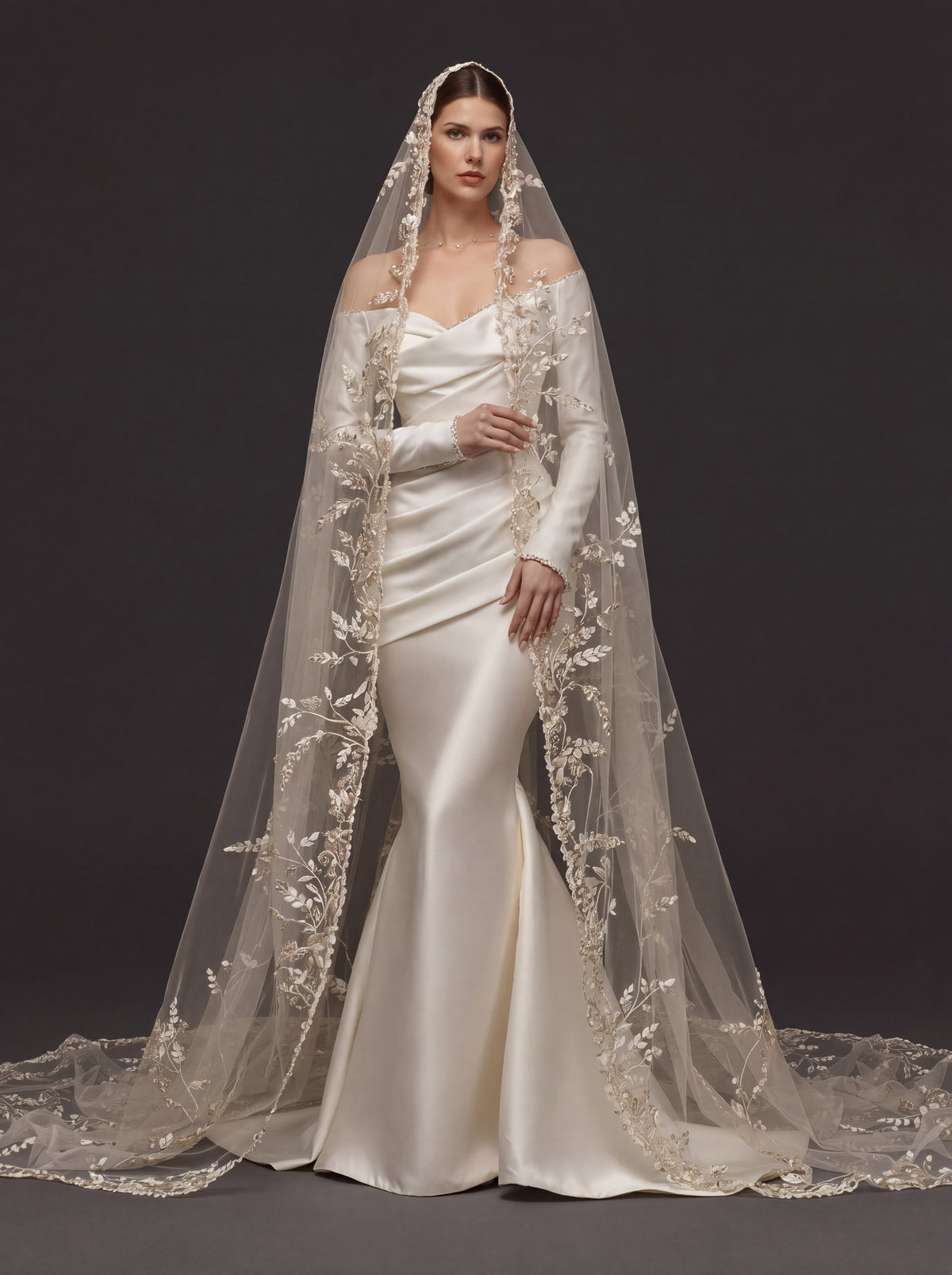 Champagne White Satin Off-Shoulder Mermaid Wedding Dress – Asymmetric Draped Bodice, Long Sleeves & Floral Embroidered Cathedral Veil