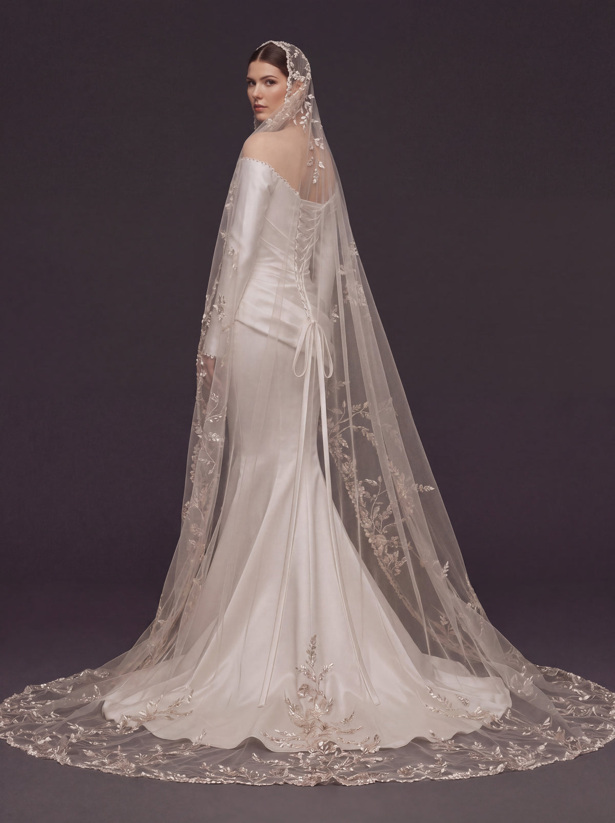 Champagne White Satin Off-Shoulder Mermaid Wedding Dress – Asymmetric Draped Bodice, Long Sleeves & Floral Embroidered Cathedral Veil