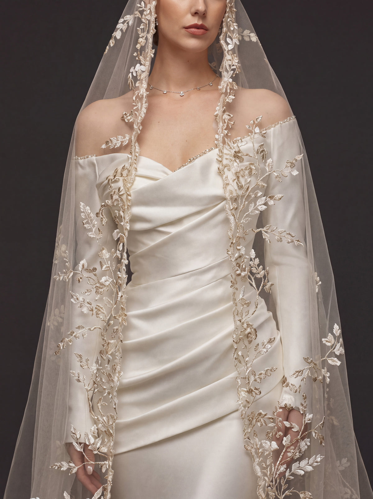 Champagne White Satin Off-Shoulder Mermaid Wedding Dress – Asymmetric Draped Bodice, Long Sleeves & Floral Embroidered Cathedral Veil
