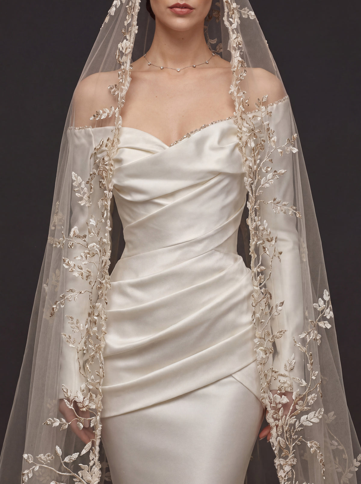 Champagne White Satin Off-Shoulder Mermaid Wedding Dress – Asymmetric Draped Bodice, Long Sleeves & Floral Embroidered Cathedral Veil