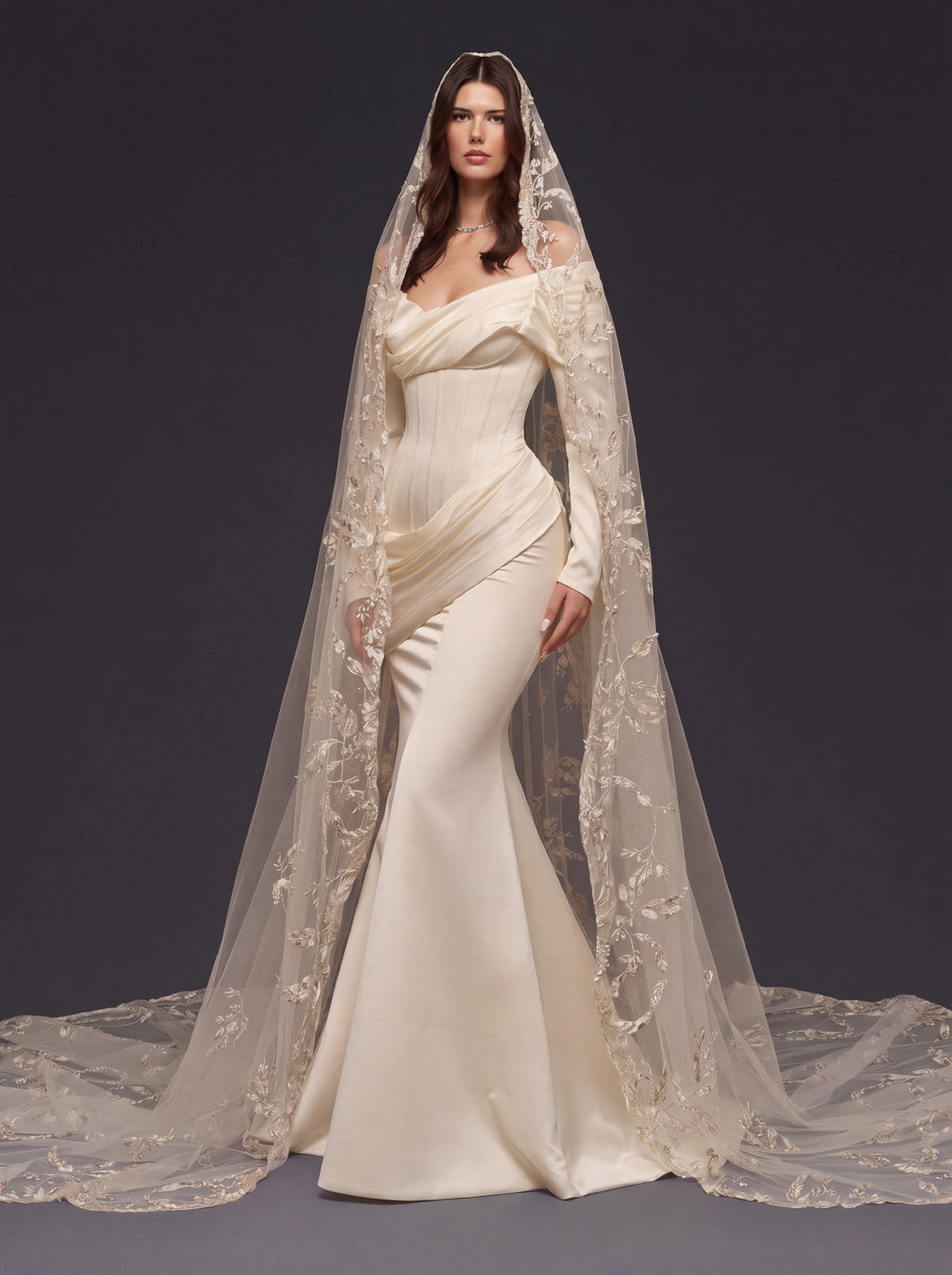 Pearl Champagne Satin Mermaid Wedding Dress – Draped Off-Shoulder Neckline, Sculpted Corset & Floral Embroidered Cathedral Veil