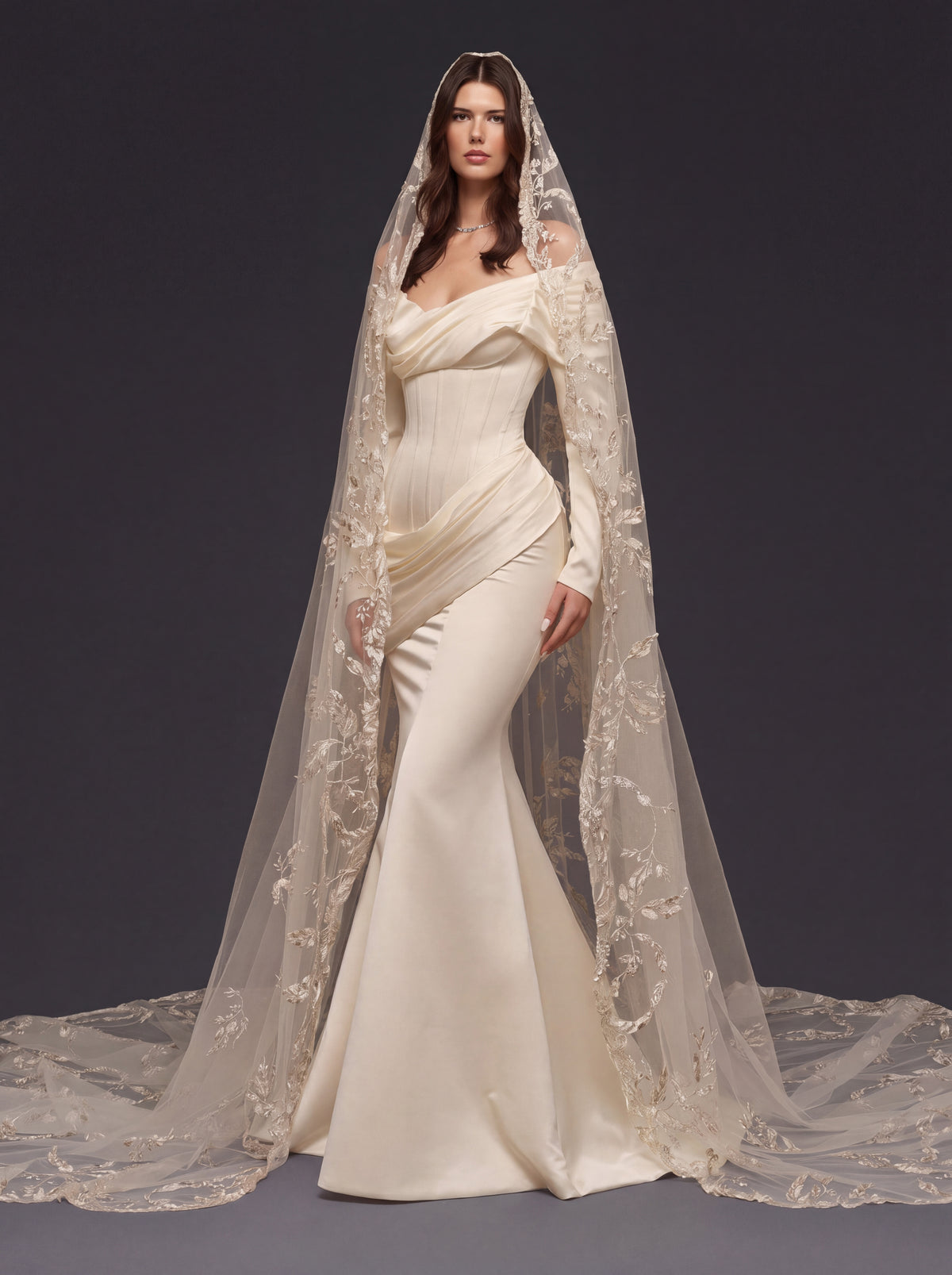 Pearl Champagne Satin Mermaid Wedding Dress – Draped Off-Shoulder Neckline, Sculpted Corset & Floral Embroidered Cathedral Veil
