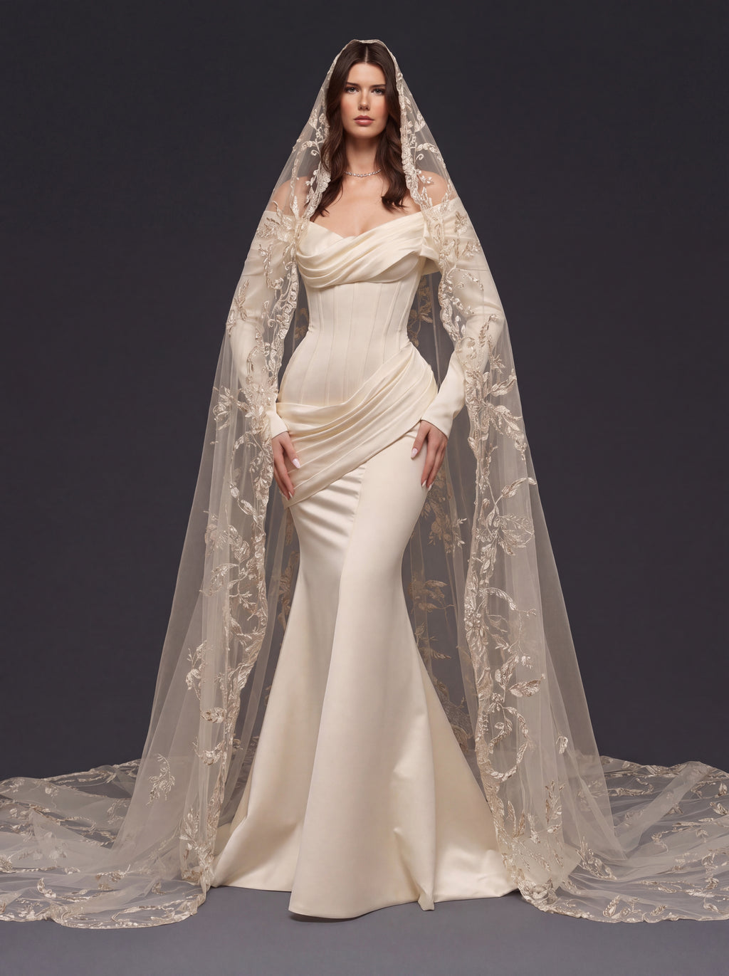 Pearl Champagne Satin Mermaid Wedding Dress – Draped Off-Shoulder Neckline, Sculpted Corset & Floral Embroidered Cathedral Veil