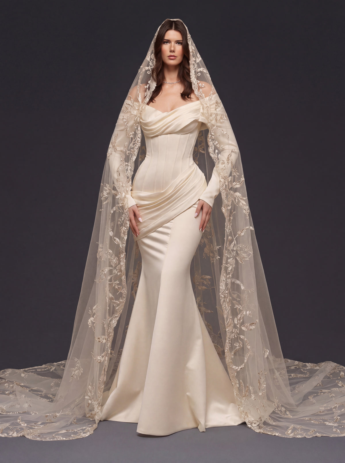 Pearl Champagne Satin Mermaid Wedding Dress – Draped Off-Shoulder Neckline, Sculpted Corset & Floral Embroidered Cathedral Veil