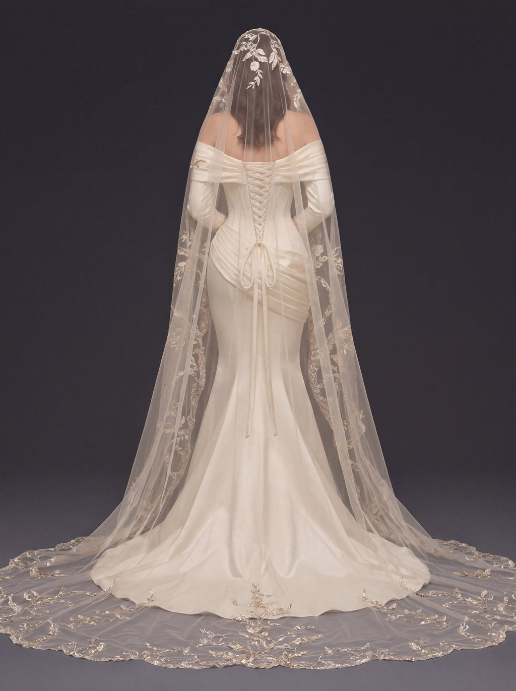 Pearl Champagne Satin Mermaid Wedding Dress – Draped Off-Shoulder Neckline, Sculpted Corset & Floral Embroidered Cathedral Veil