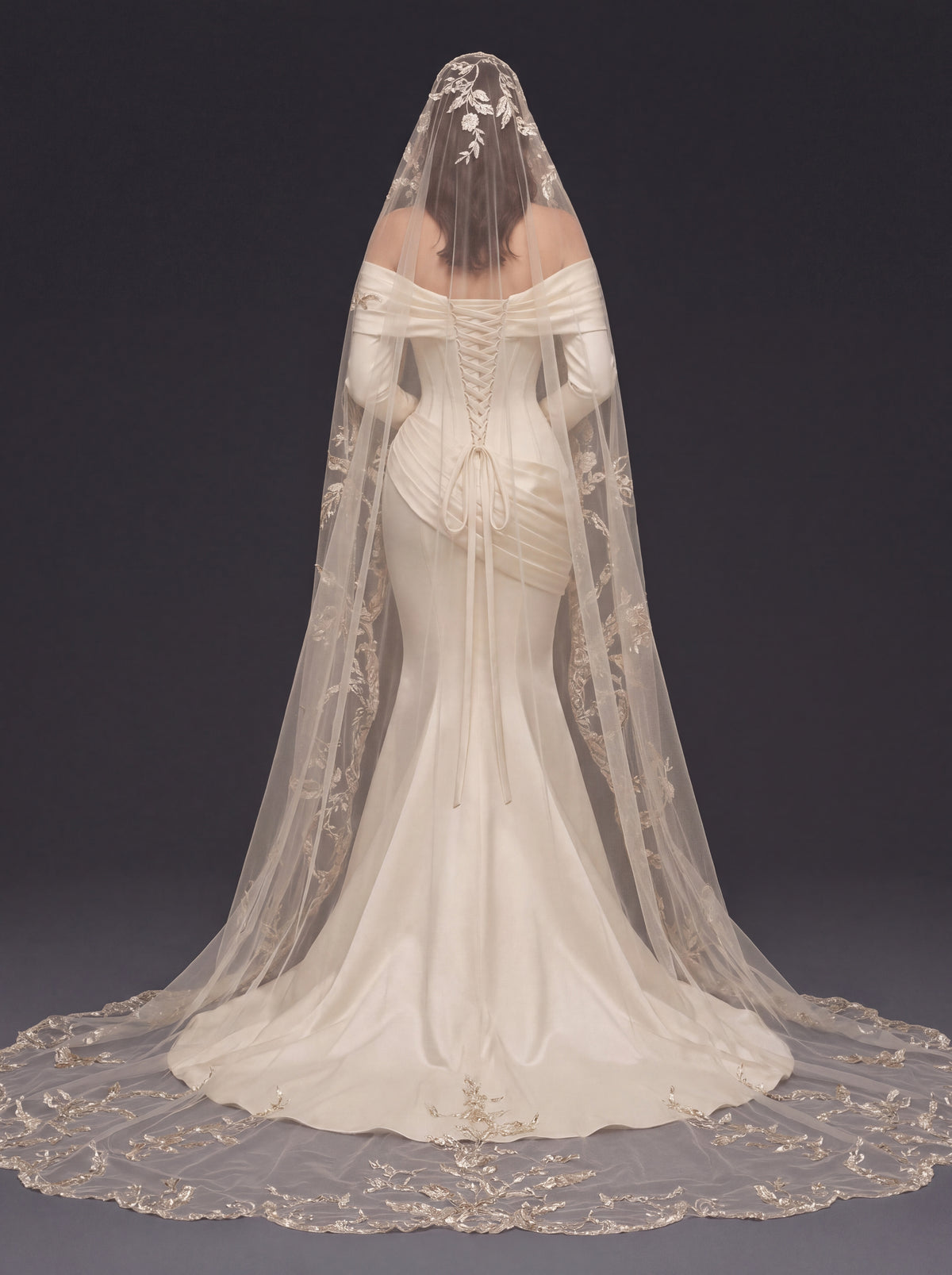 Pearl Champagne Satin Mermaid Wedding Dress – Draped Off-Shoulder Neckline, Sculpted Corset & Floral Embroidered Cathedral Veil