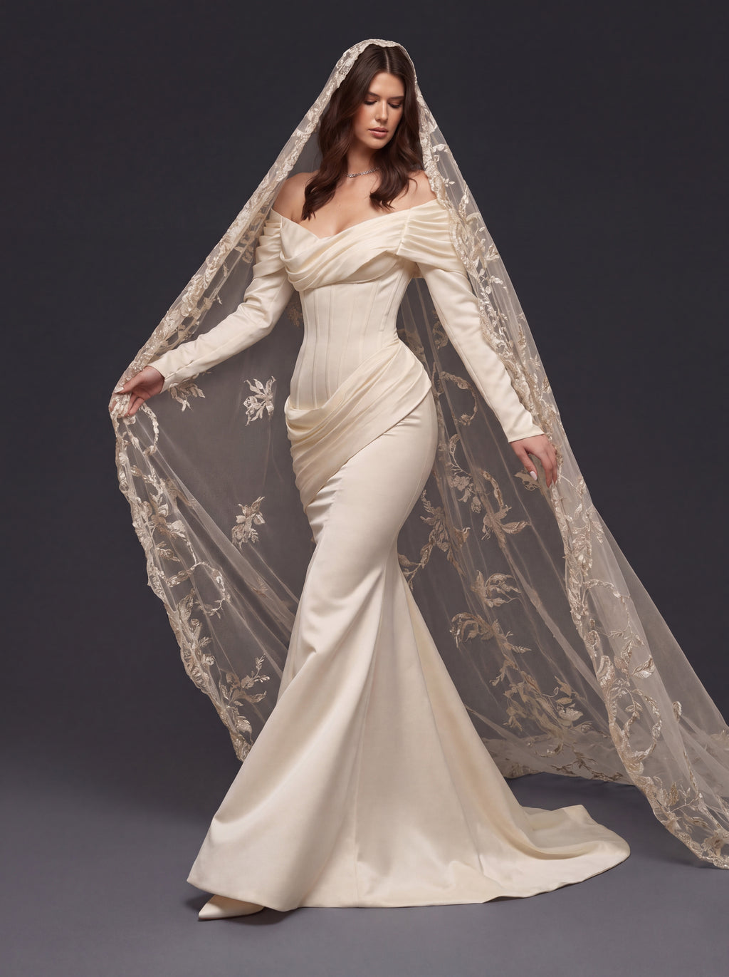 Pearl Champagne Satin Mermaid Wedding Dress – Draped Off-Shoulder Neckline, Sculpted Corset & Floral Embroidered Cathedral Veil