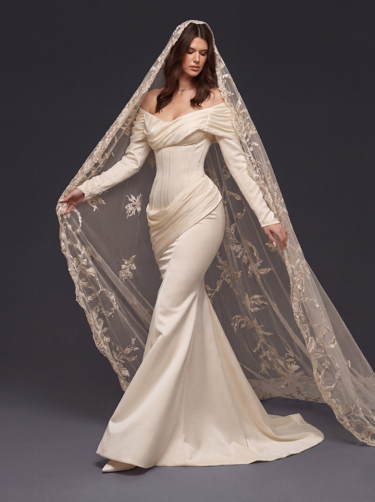 Pearl Champagne Satin Mermaid Wedding Dress – Draped Off-Shoulder Neckline, Sculpted Corset & Floral Embroidered Cathedral Veil