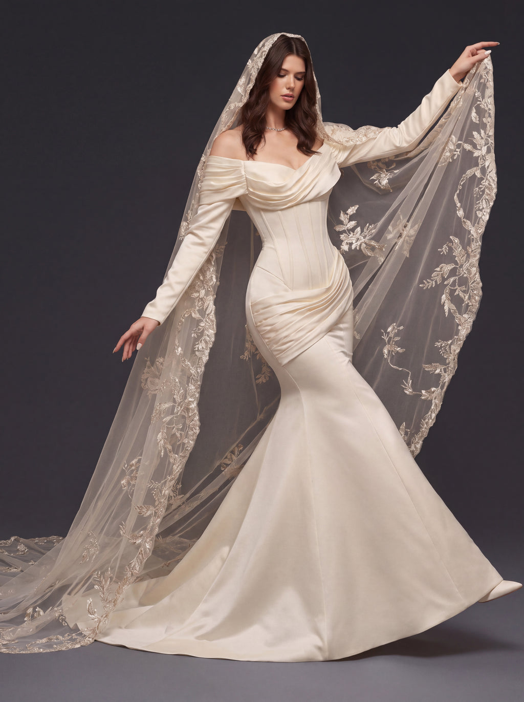 Pearl Champagne Satin Mermaid Wedding Dress – Draped Off-Shoulder Neckline, Sculpted Corset & Floral Embroidered Cathedral Veil