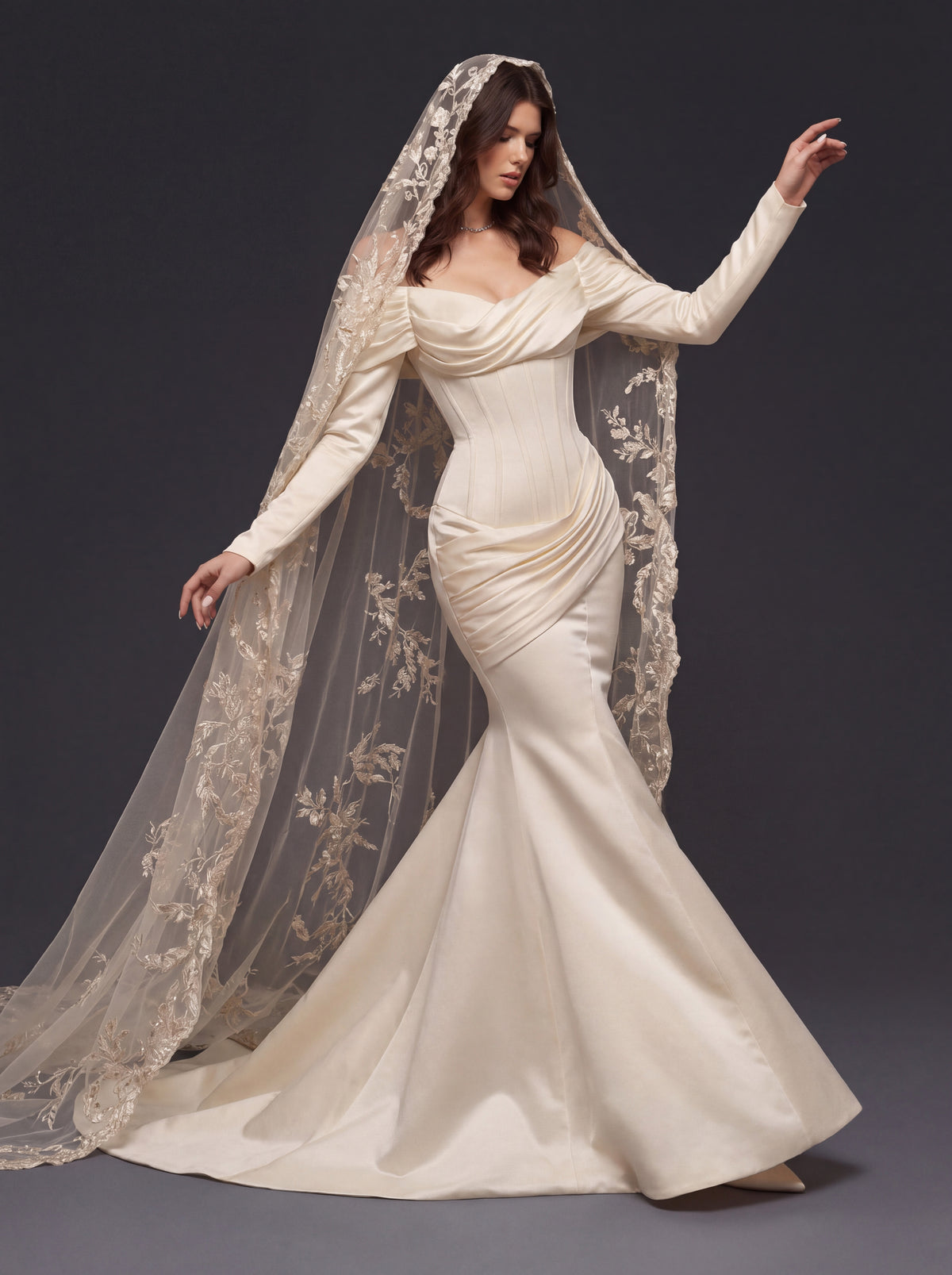Pearl Champagne Satin Mermaid Wedding Dress – Draped Off-Shoulder Neckline, Sculpted Corset & Floral Embroidered Cathedral Veil