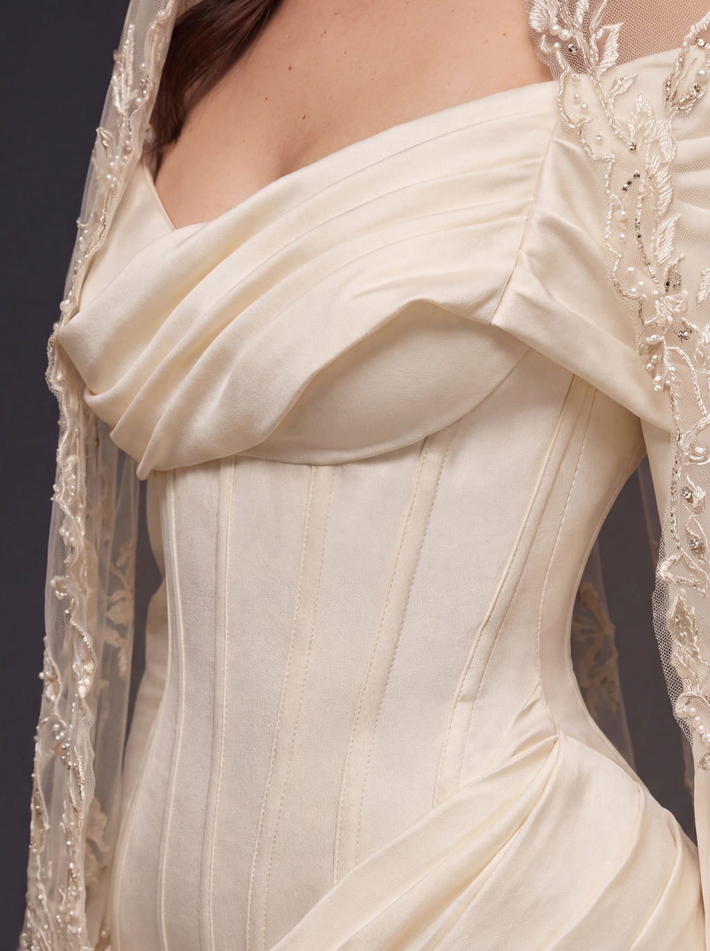 Pearl Champagne Satin Mermaid Wedding Dress – Draped Off-Shoulder Neckline, Sculpted Corset & Floral Embroidered Cathedral Veil