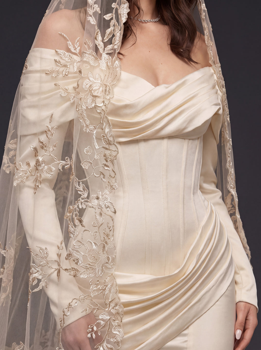 Pearl Champagne Satin Mermaid Wedding Dress – Draped Off-Shoulder Neckline, Sculpted Corset & Floral Embroidered Cathedral Veil