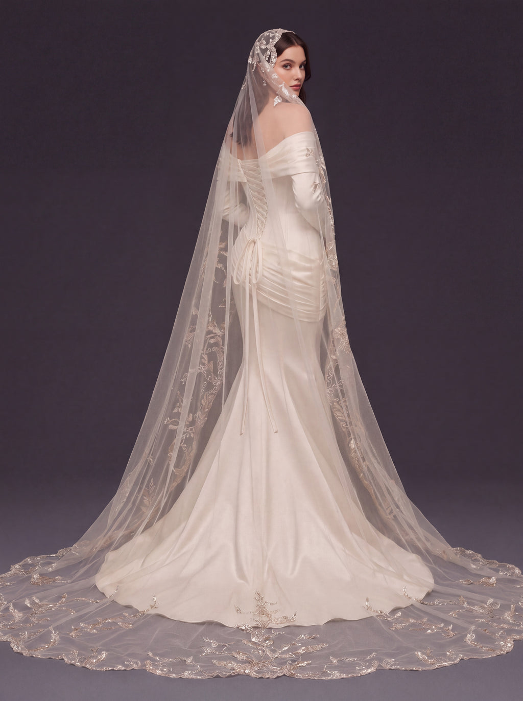 Pearl Champagne Satin Mermaid Wedding Dress – Draped Off-Shoulder Neckline, Sculpted Corset & Floral Embroidered Cathedral Veil
