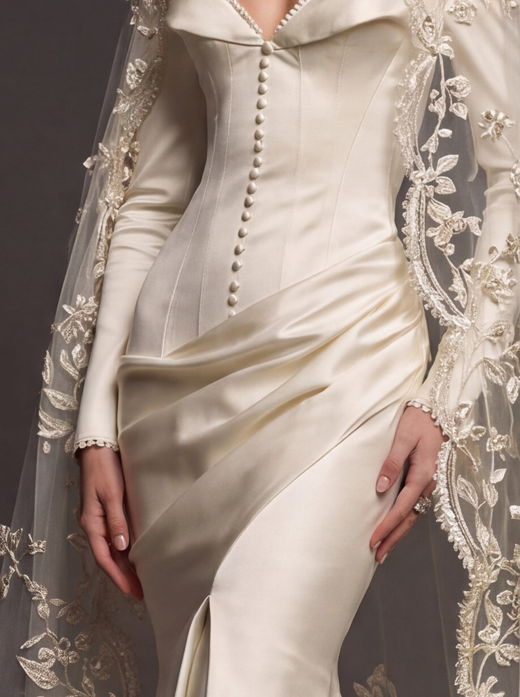 Champagne Pearl Satin Bridal Gown – Sweetheart Corset Bodice, Long Sleeves, Draped Mermaid Skirt & Floral Cathedral Veil
