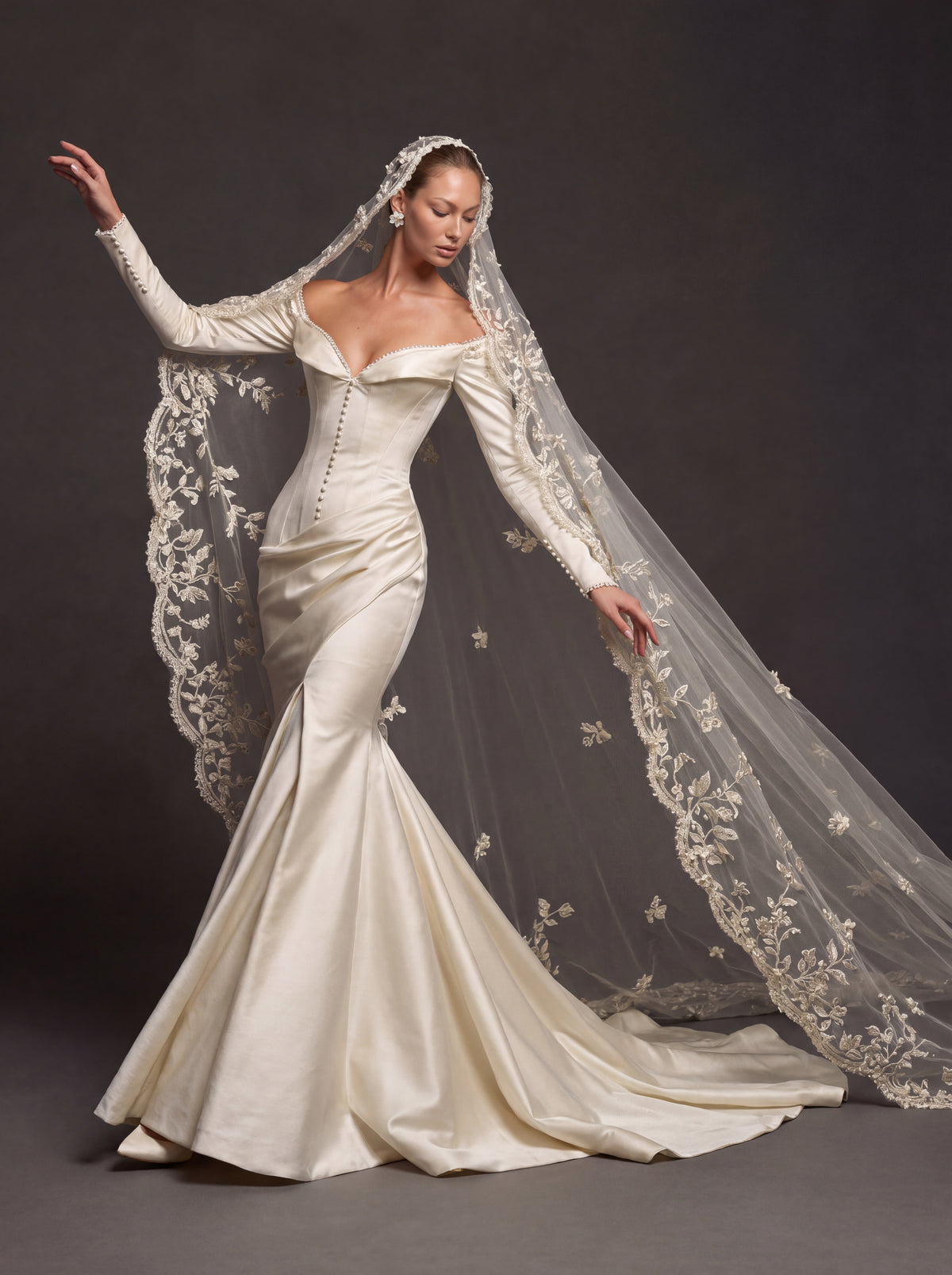 Champagne Pearl Satin Bridal Gown – Sweetheart Corset Bodice, Long Sleeves, Draped Mermaid Skirt & Floral Cathedral Veil