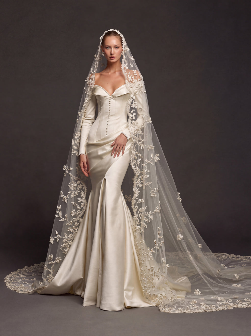 Champagne Pearl Satin Bridal Gown – Sweetheart Corset Bodice, Long Sleeves, Draped Mermaid Skirt & Floral Cathedral Veil