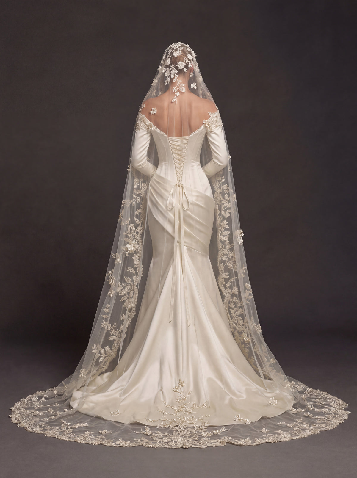 Champagne Pearl Satin Bridal Gown – Sweetheart Corset Bodice, Long Sleeves, Draped Mermaid Skirt & Floral Cathedral Veil