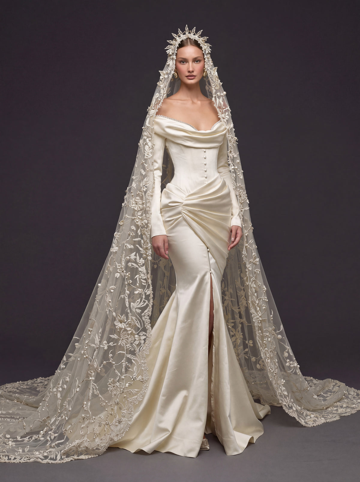 Champagne Satin Draped Mermaid Wedding Gown – Off-the-Shoulder Cowl Neckline, Pearl Button Corset, Front Slit & Floral Cathedral Veil