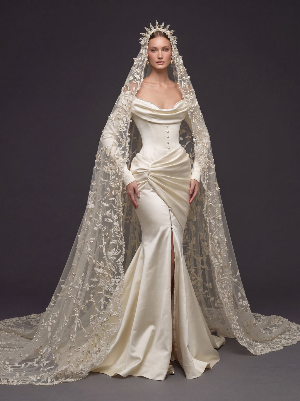 Champagne Satin Draped Mermaid Wedding Gown – Off-the-Shoulder Cowl Neckline, Pearl Button Corset, Front Slit & Floral Cathedral Veil