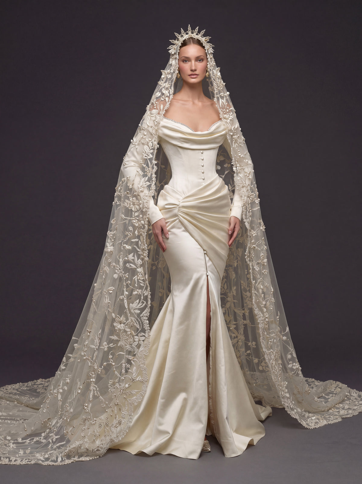 Champagne Satin Draped Mermaid Wedding Gown – Off-the-Shoulder Cowl Neckline, Pearl Button Corset, Front Slit & Floral Cathedral Veil