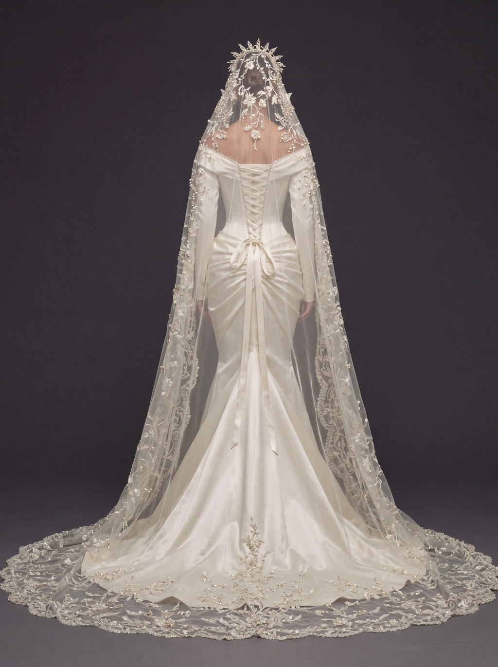 Champagne Satin Draped Mermaid Wedding Gown – Off-the-Shoulder Cowl Neckline, Pearl Button Corset, Front Slit & Floral Cathedral Veil