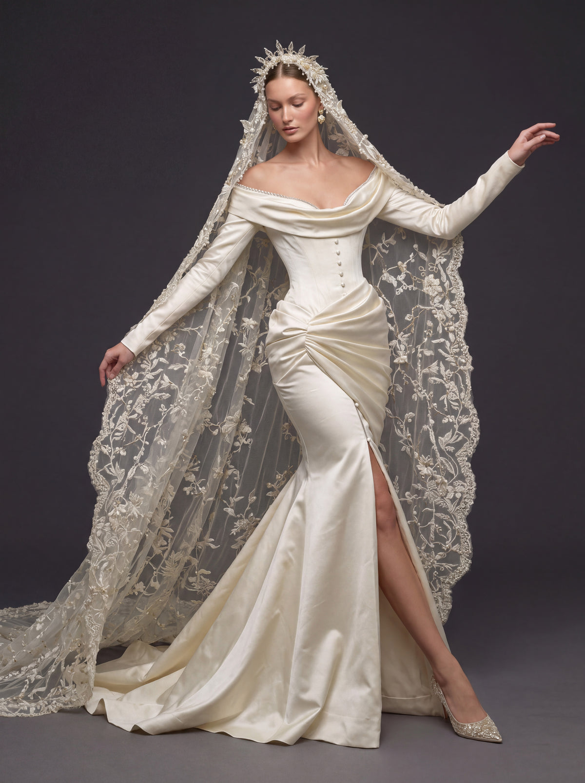 Champagne Satin Draped Mermaid Wedding Gown – Off-the-Shoulder Cowl Neckline, Pearl Button Corset, Front Slit & Floral Cathedral Veil