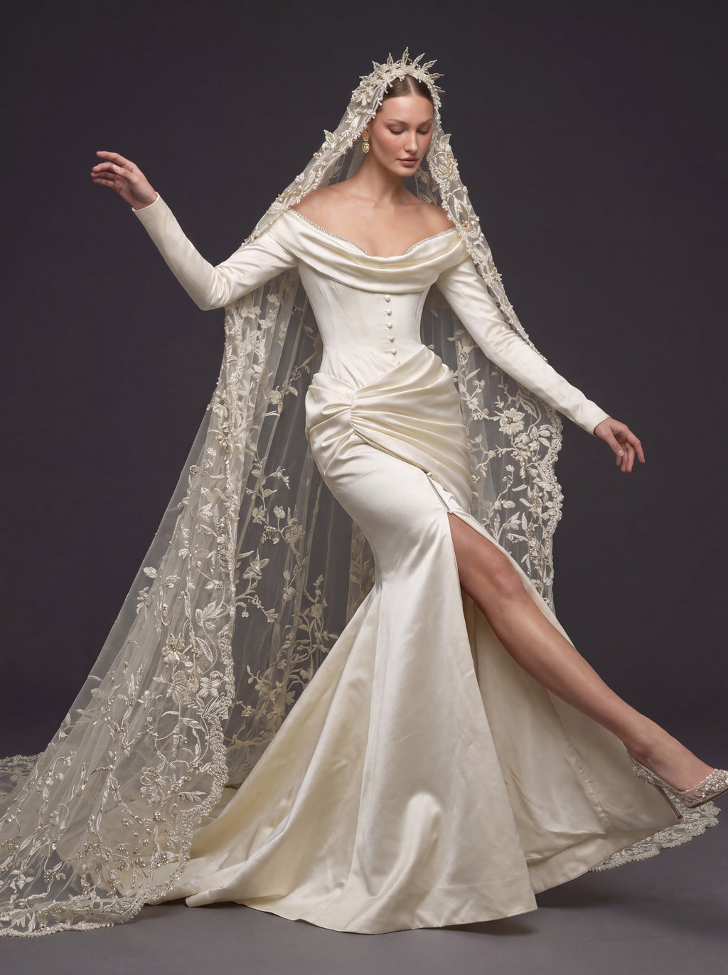Champagne Satin Draped Mermaid Wedding Gown – Off-the-Shoulder Cowl Neckline, Pearl Button Corset, Front Slit & Floral Cathedral Veil