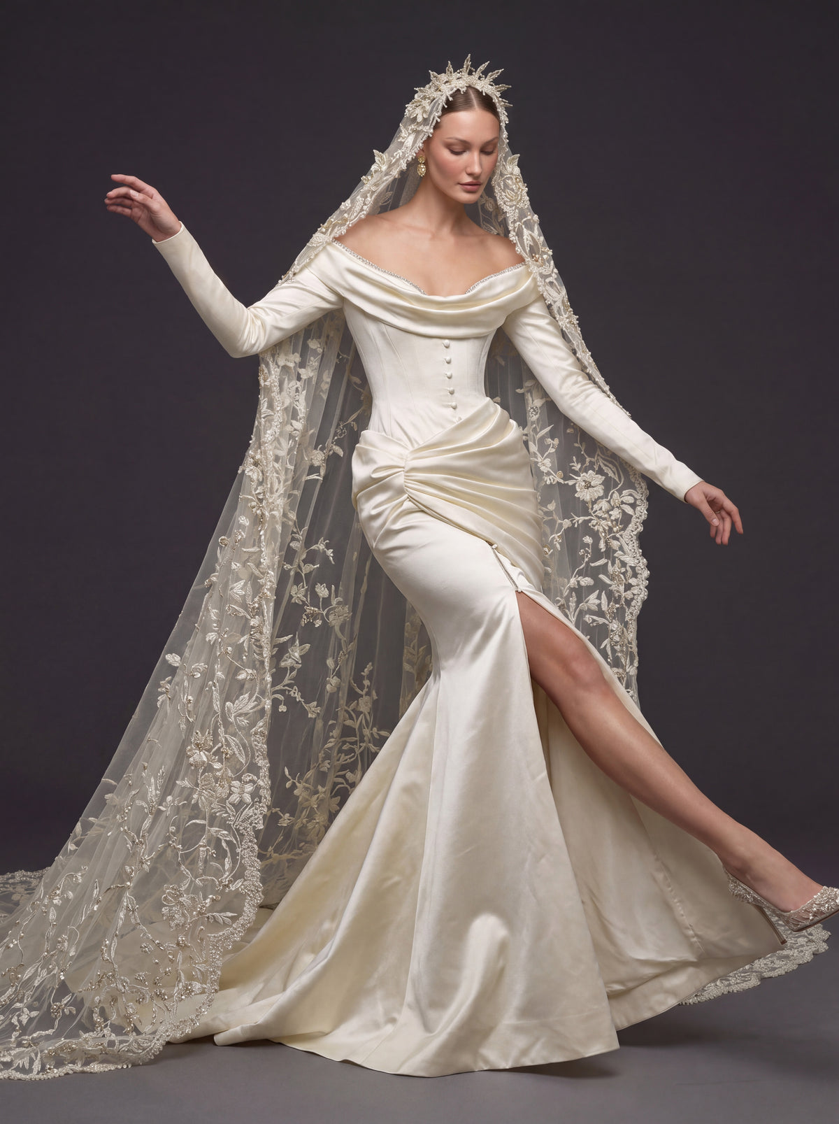 Champagne Satin Draped Mermaid Wedding Gown – Off-the-Shoulder Cowl Neckline, Pearl Button Corset, Front Slit & Floral Cathedral Veil