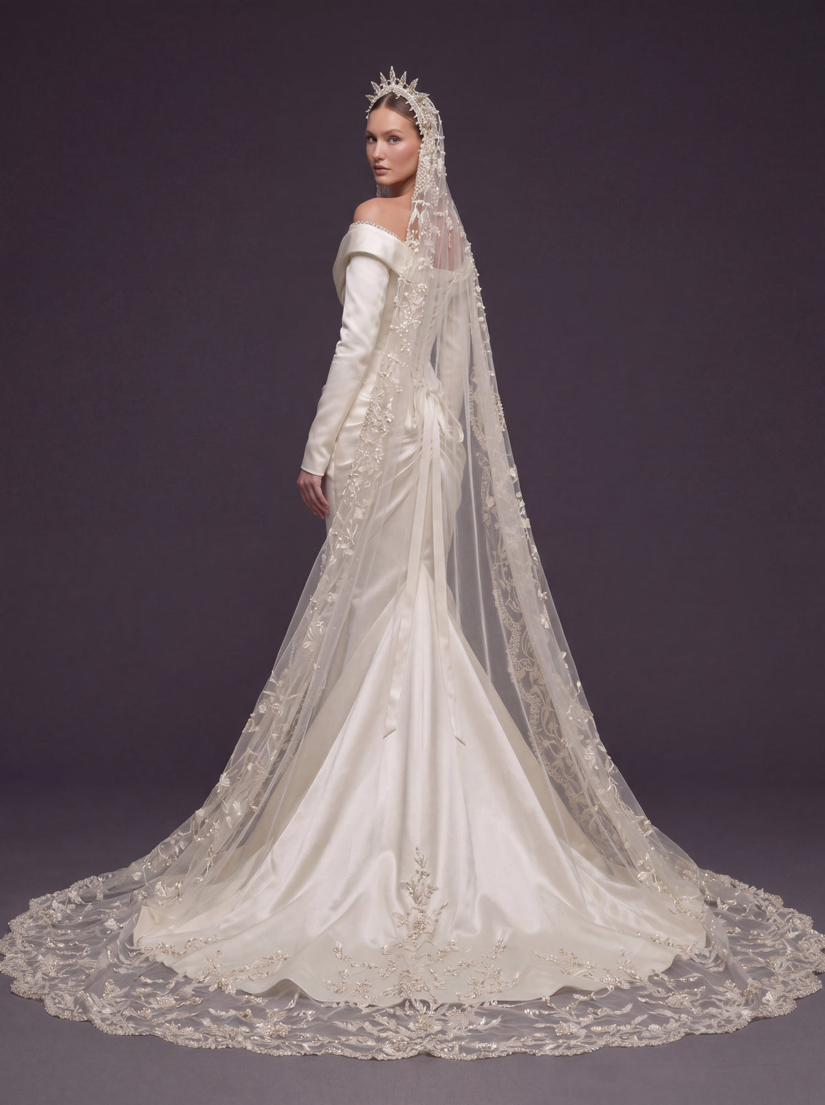 Champagne Satin Draped Mermaid Wedding Gown – Off-the-Shoulder Cowl Neckline, Pearl Button Corset, Front Slit & Floral Cathedral Veil