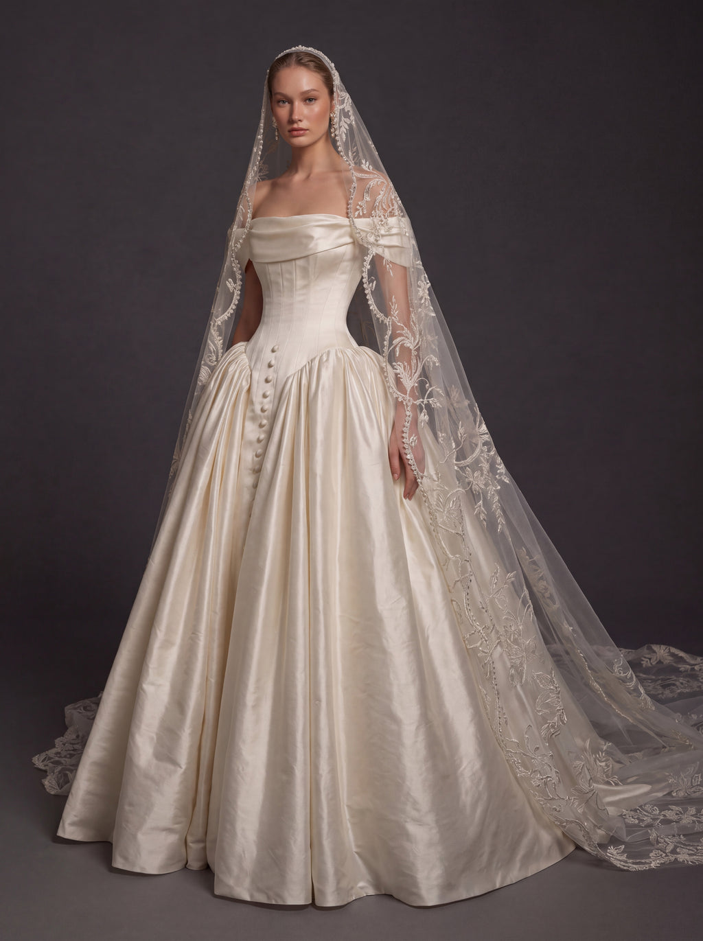 Pearl Champagne Satin Ball Gown Wedding Dress – Off-the-Shoulder Draped Neckline, Basque Waist Corset & Embroidered Cathedral Veil