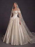 Pearl Champagne Satin Ball Gown Wedding Dress – Off-the-Shoulder Draped Neckline, Basque Waist Corset & Embroidered Cathedral Veil
