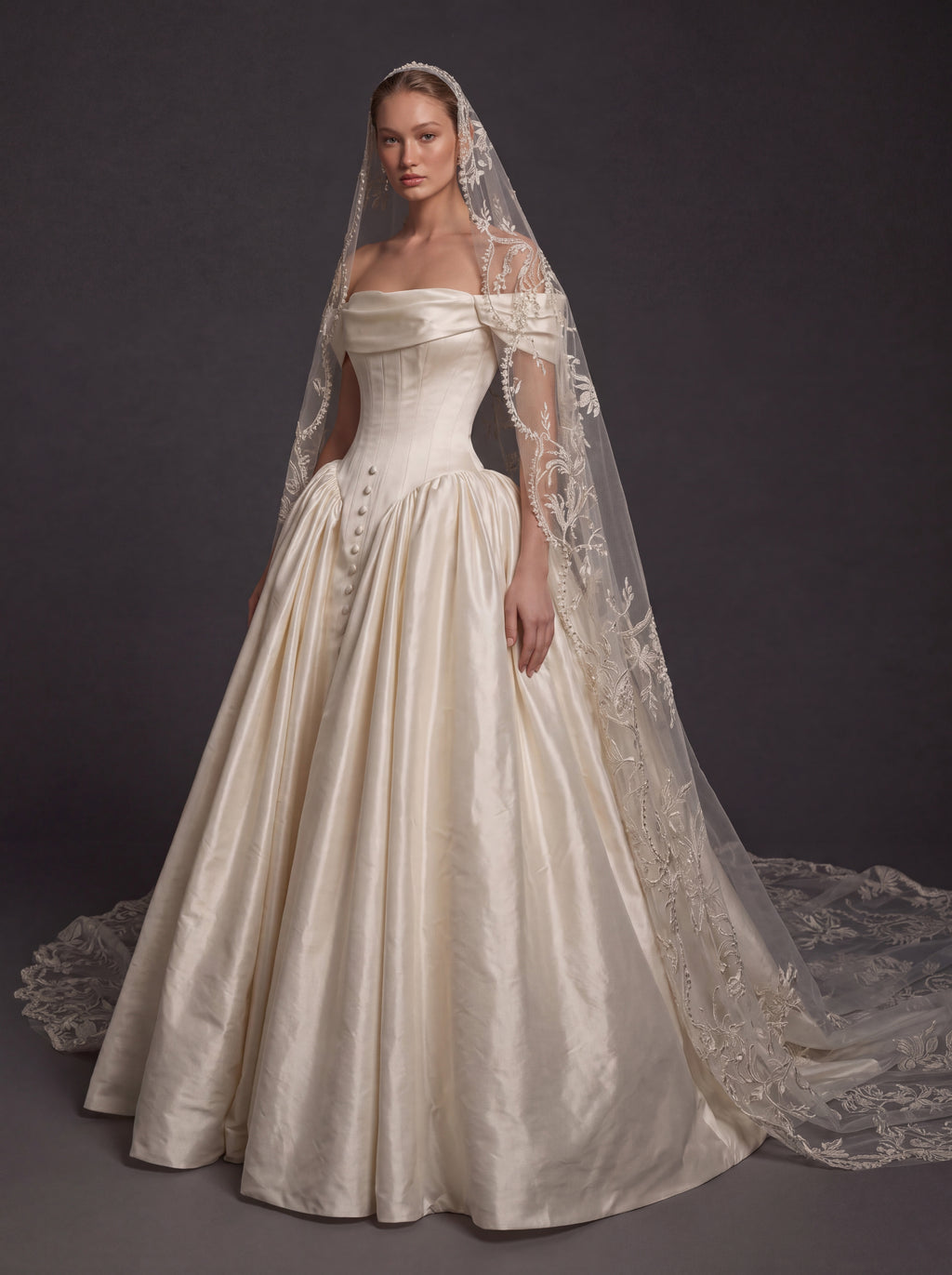 Pearl Champagne Satin Ball Gown Wedding Dress – Off-the-Shoulder Draped Neckline, Basque Waist Corset & Embroidered Cathedral Veil