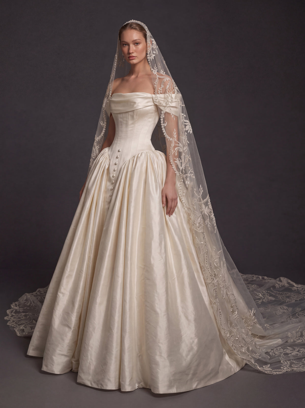 Pearl Champagne Satin Ball Gown Wedding Dress – Off-the-Shoulder Draped Neckline, Basque Waist Corset & Embroidered Cathedral Veil