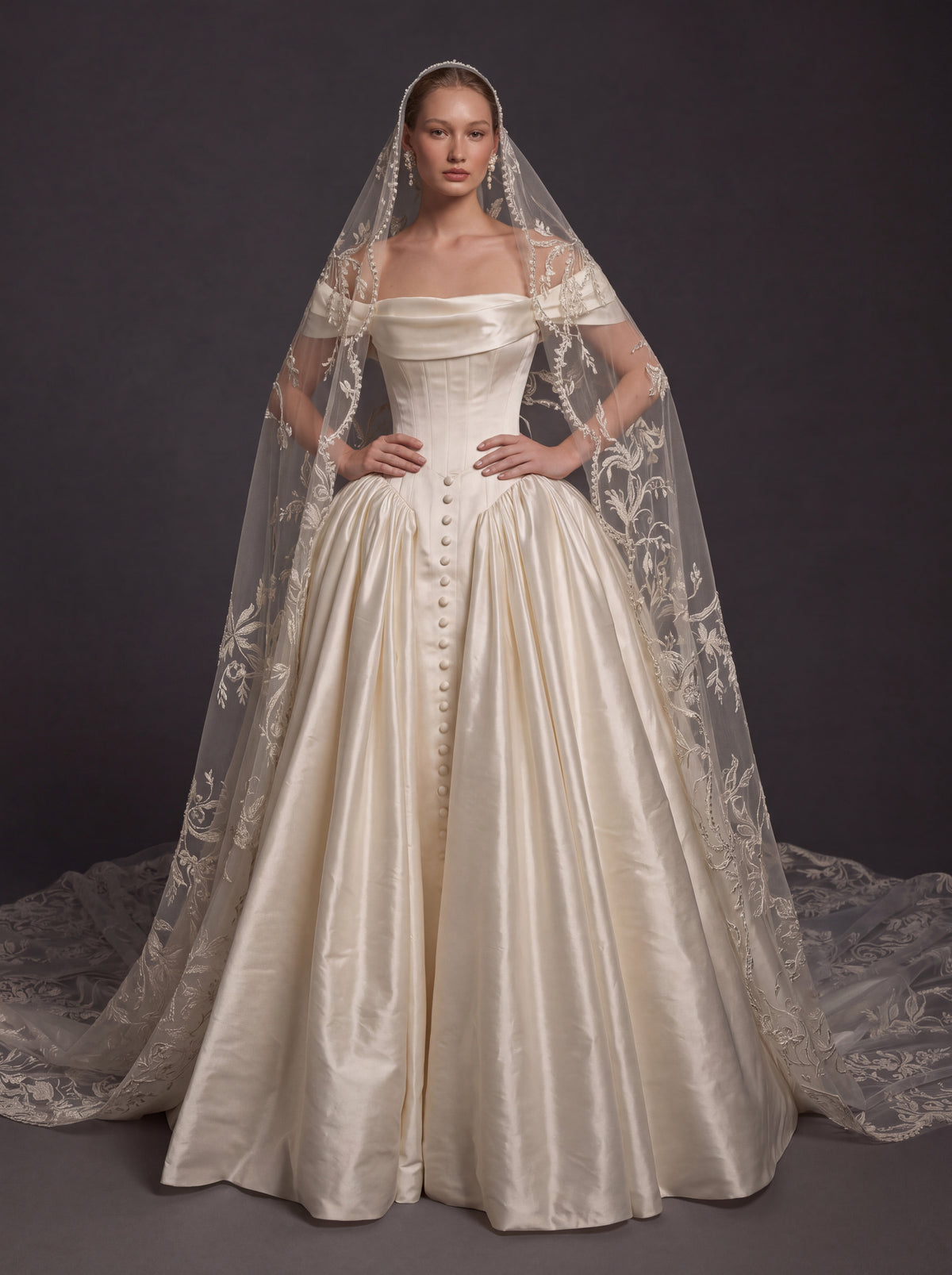 Pearl Champagne Satin Ball Gown Wedding Dress – Off-the-Shoulder Draped Neckline, Basque Waist Corset & Embroidered Cathedral Veil