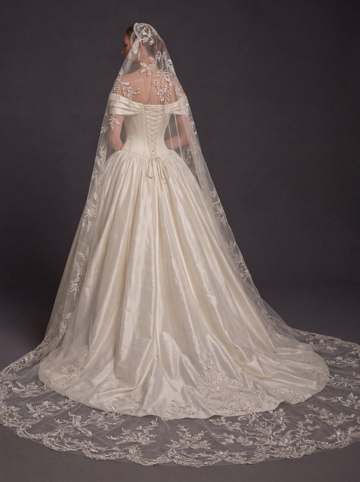 Pearl Champagne Satin Ball Gown Wedding Dress – Off-the-Shoulder Draped Neckline, Basque Waist Corset & Embroidered Cathedral Veil