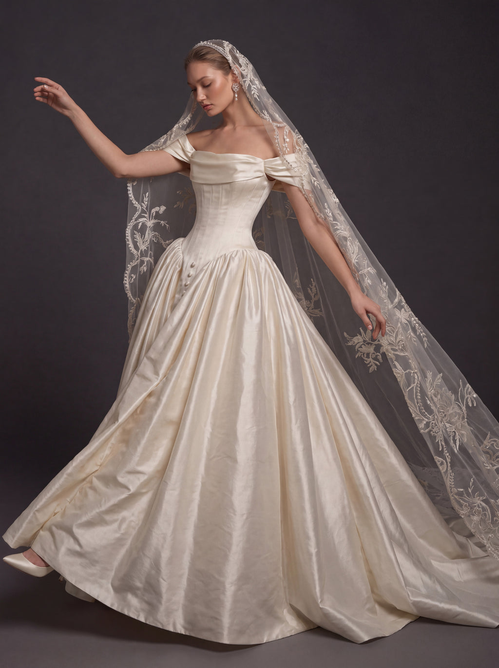 Pearl Champagne Satin Ball Gown Wedding Dress – Off-the-Shoulder Draped Neckline, Basque Waist Corset & Embroidered Cathedral Veil