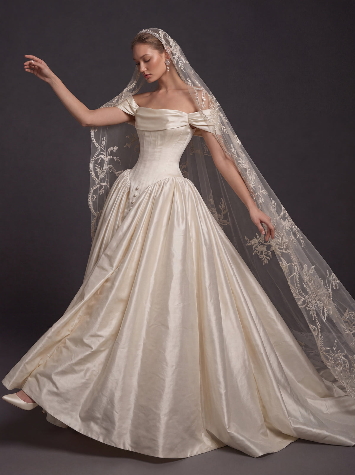 Pearl Champagne Satin Ball Gown Wedding Dress – Off-the-Shoulder Draped Neckline, Basque Waist Corset & Embroidered Cathedral Veil