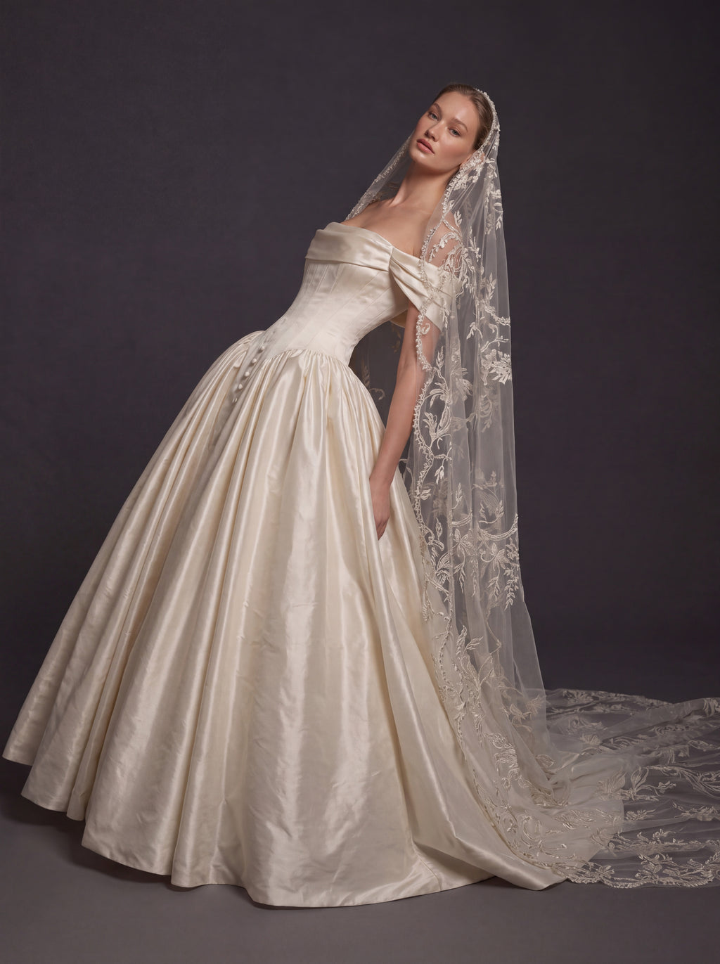 Pearl Champagne Satin Ball Gown Wedding Dress – Off-the-Shoulder Draped Neckline, Basque Waist Corset & Embroidered Cathedral Veil