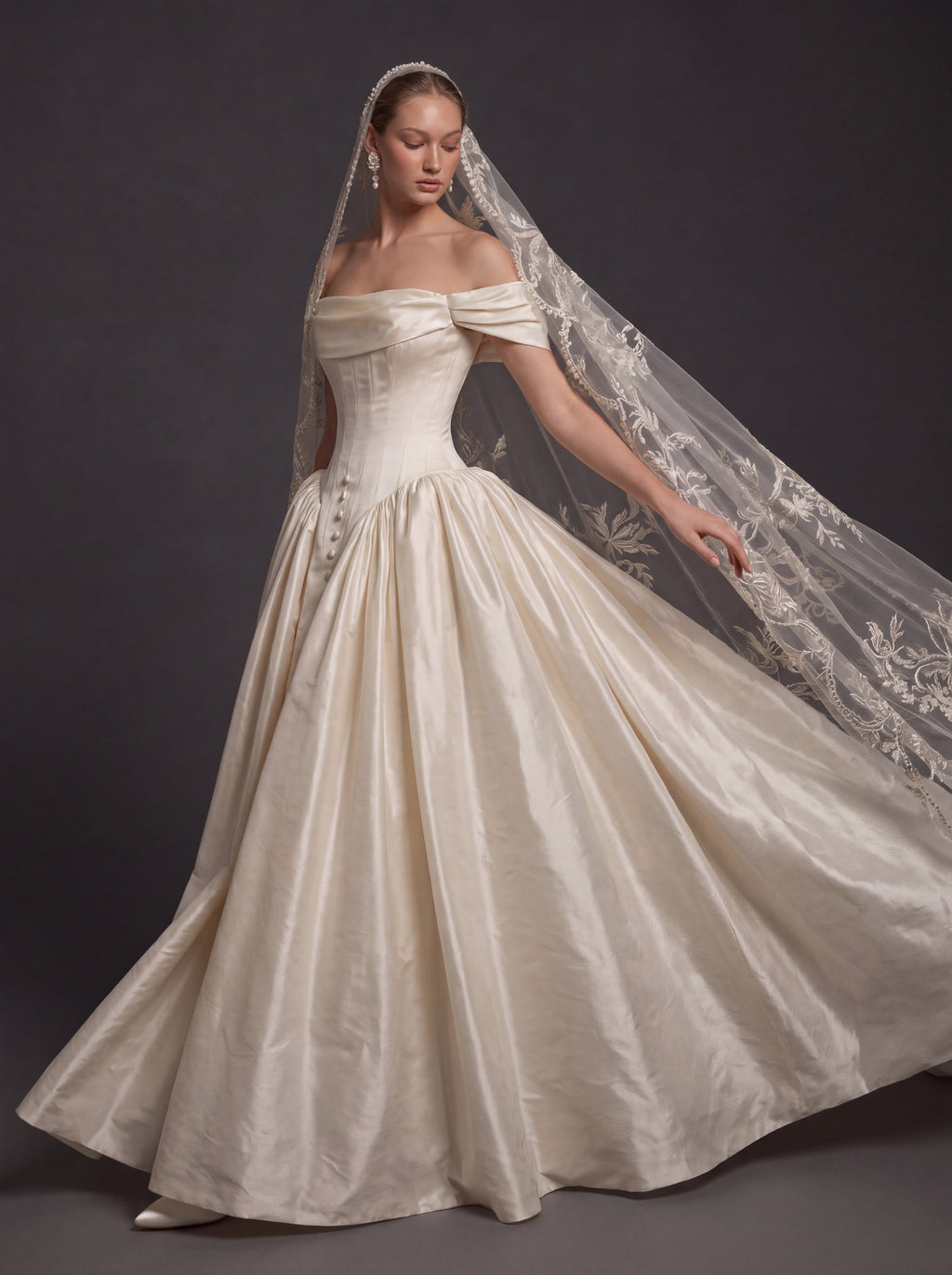 Pearl Champagne Satin Ball Gown Wedding Dress – Off-the-Shoulder Draped Neckline, Basque Waist Corset & Embroidered Cathedral Veil